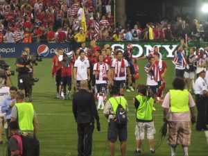 USMNT players celebrate their 2-0 victory over Mexico on Sept. 10, 2013 in Columbus, Ohio.